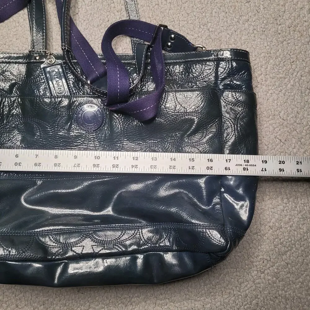 Coach Bag Patent Leather Shiny Navy Blue Tote Diaper Baby Lined Pockets Tote